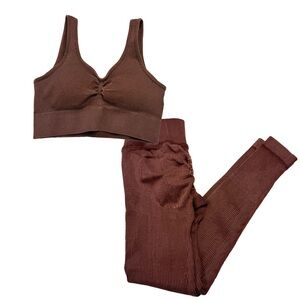 Matching two piece brown ribbed sports bar and leggings